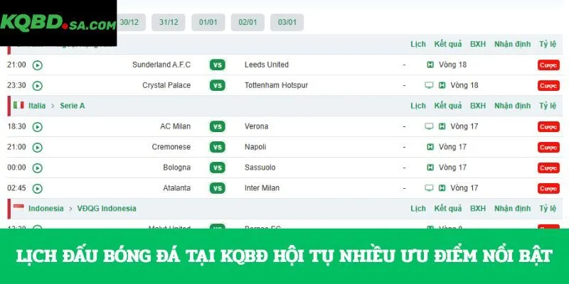 Lịch đấu bóng đá tại KQBĐ hội tụ nhiều ưu điểm nổi bật